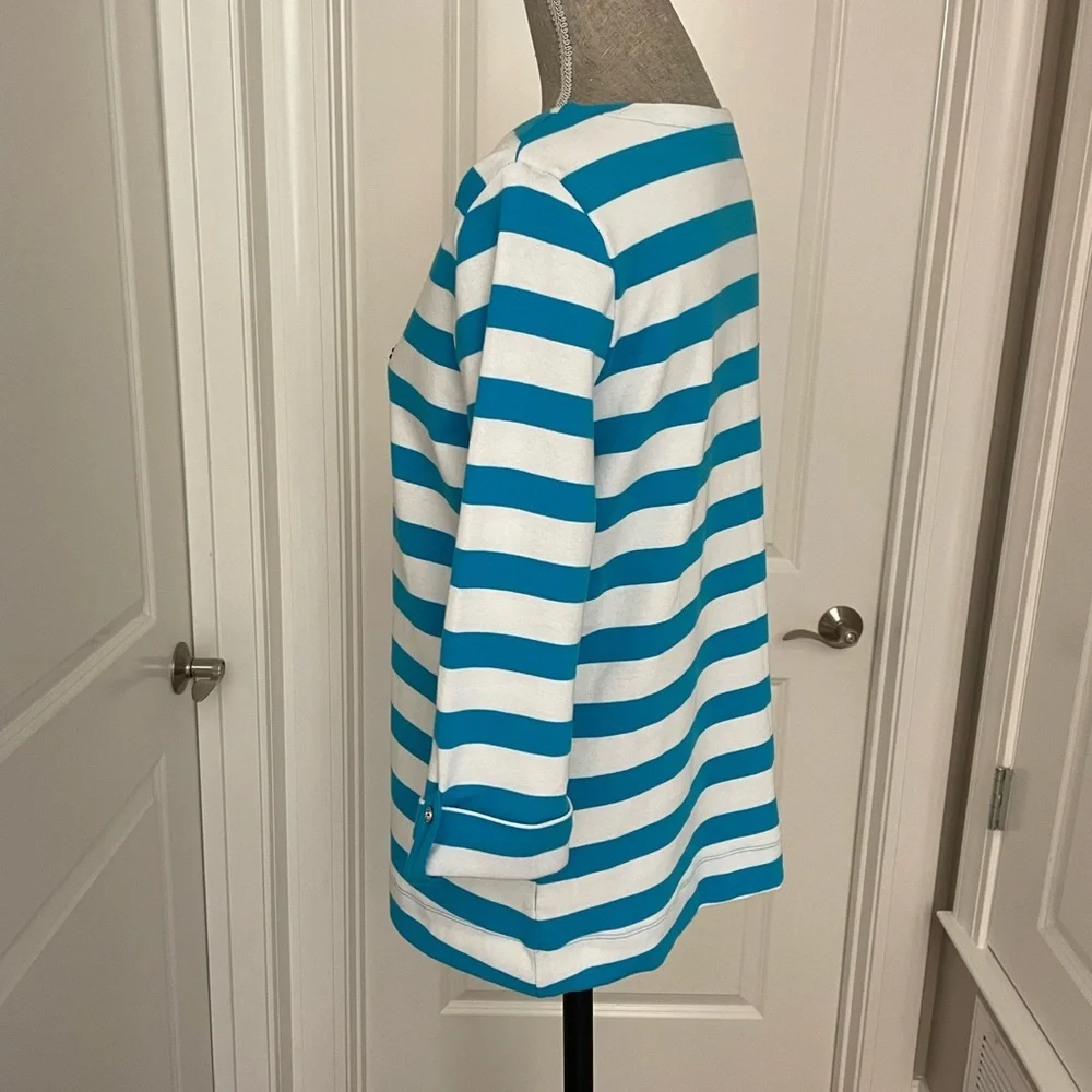 🌸🌸SALE! 4 FOR $20!PALM GROVE Teal&White Stripe Jeweled Turtle 3/4 Slv Top SzS - Picture 2 of 7
